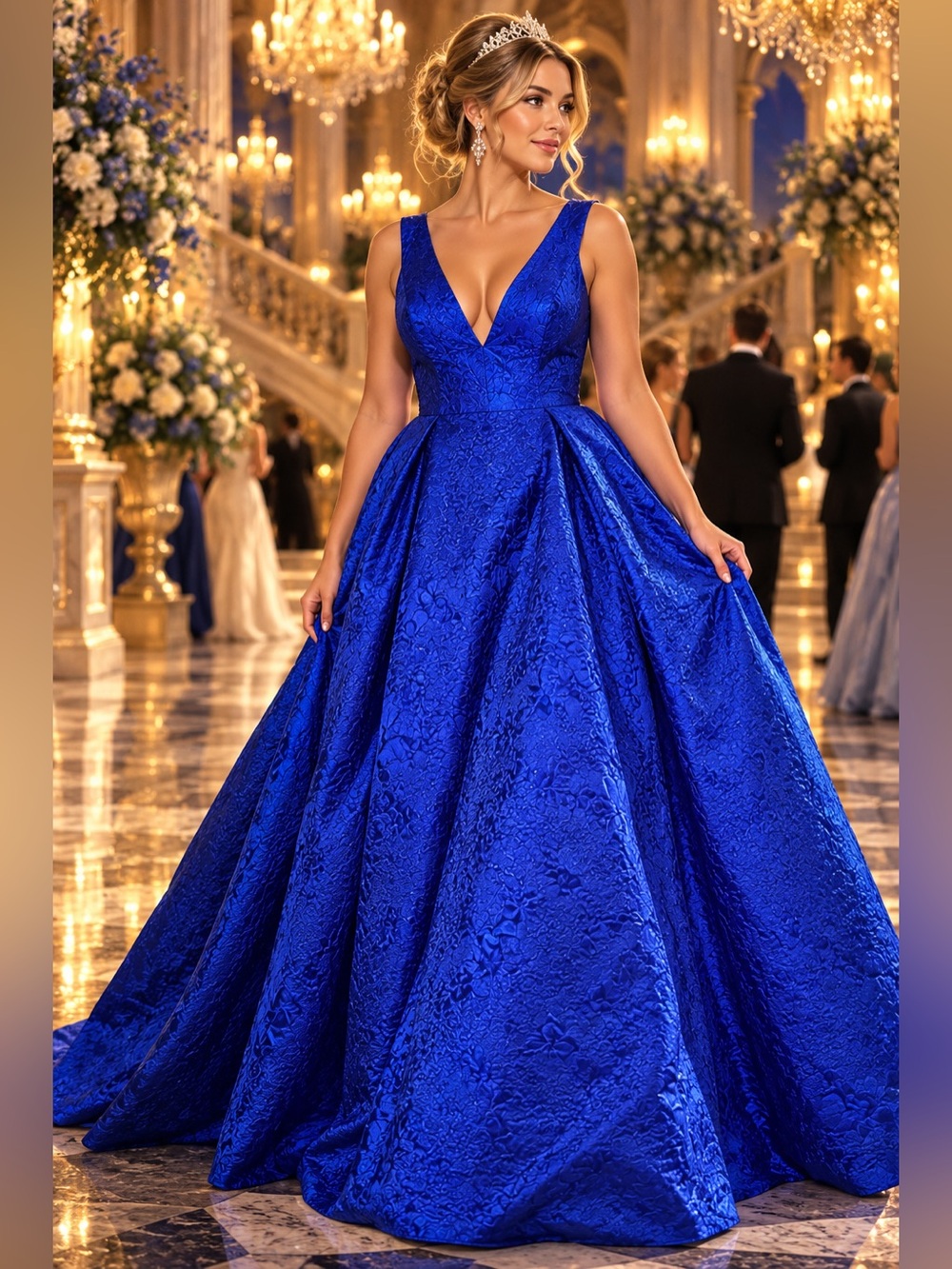 Mac Duggal Size 16 Royal Blue Brocade Jacquard Formal Ball Gown Maxi Dress